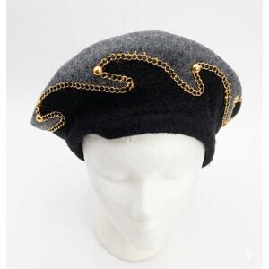 Vintage Finesse Black Gray Beret Hat Gold Chain Studded Parisian Cap OS
